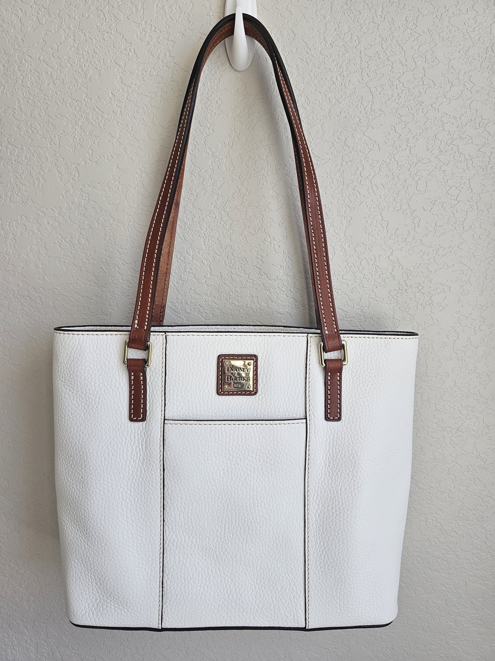 Dooney & Bourke White Pebble Leather Tote with Brown Handles